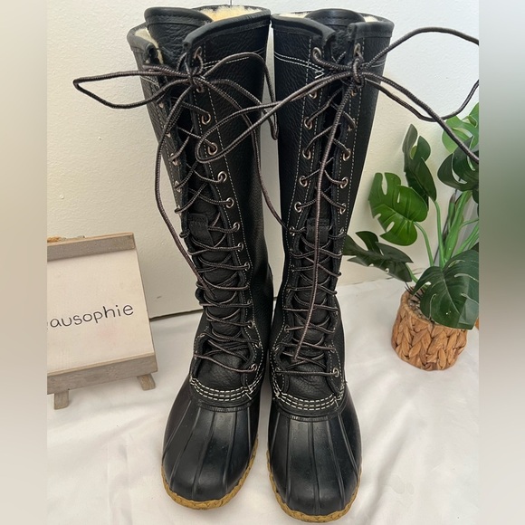 Rare! L.L. Bean Tall 16” shearling lamb fur lined tumbled leather duck boot 7 - Picture 5 of 11